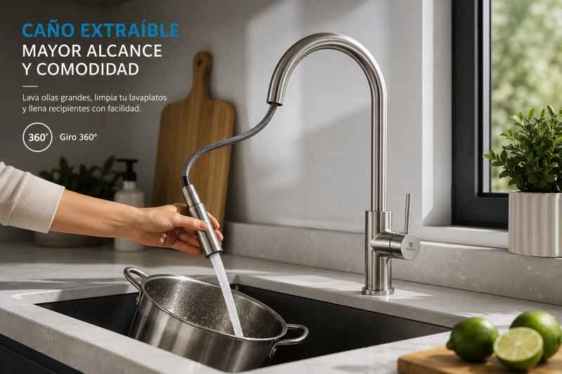 MONOMANDO LLAVE GRIFO EXTRAIBLE PARA LAVAPLATOS MODELO MODER INOX MARCA TAUMM COLOR ACERO INOX - 4