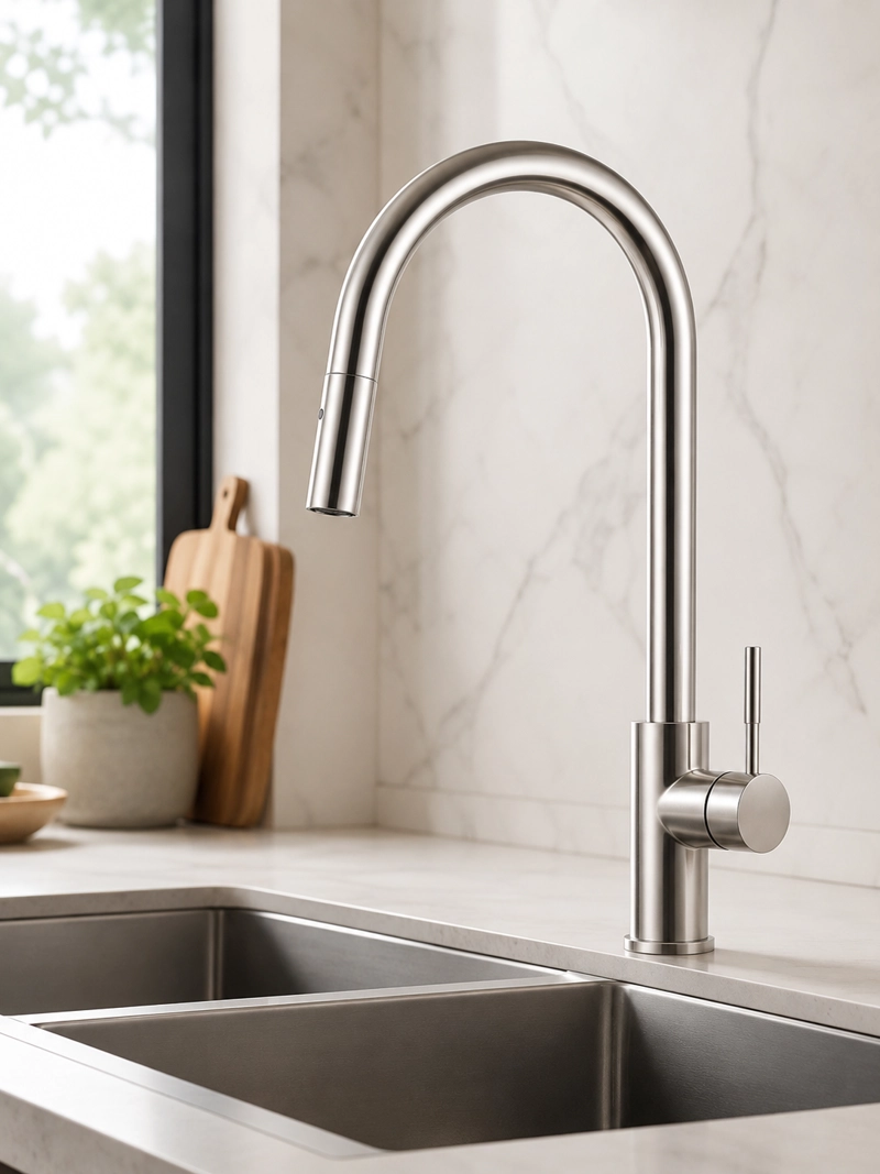 MONOMANDO LLAVE GRIFO EXTRAIBLE PARA LAVAPLATOS MODELO MODER INOX MARCA TAUMM COLOR ACERO INOX - 6