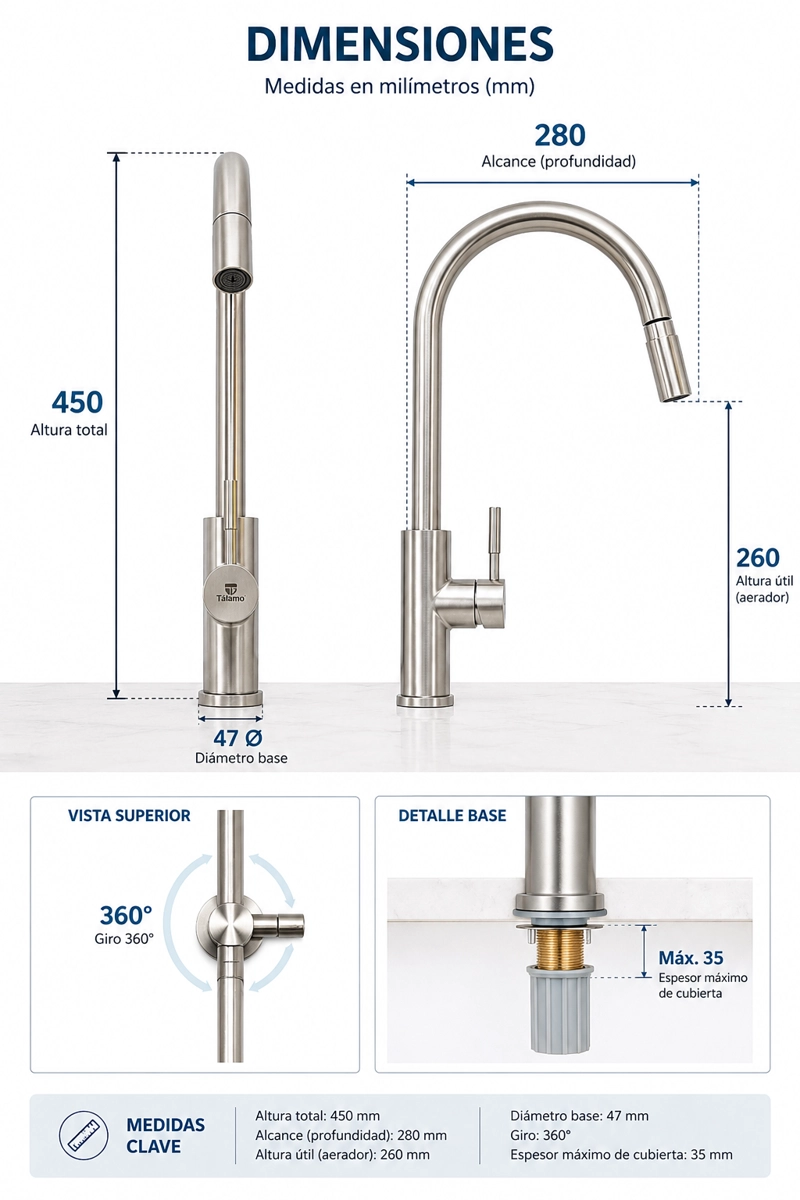 MONOMANDO LLAVE GRIFO EXTRAIBLE PARA LAVAPLATOS MODELO MODER INOX MARCA TAUMM COLOR ACERO INOX - 7