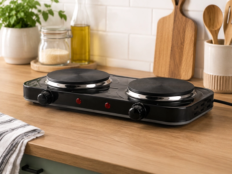 COCINILLA ELE CTRICA DOS PLATOS METAL NEGRO COMPACTA PORTATIL - 1