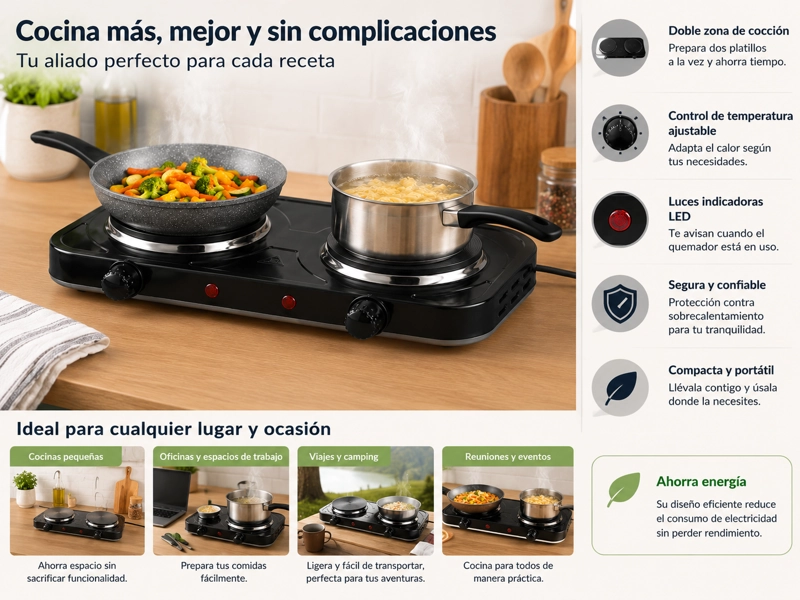 COCINILLA ELE CTRICA DOS PLATOS METAL NEGRO COMPACTA PORTATIL - 2