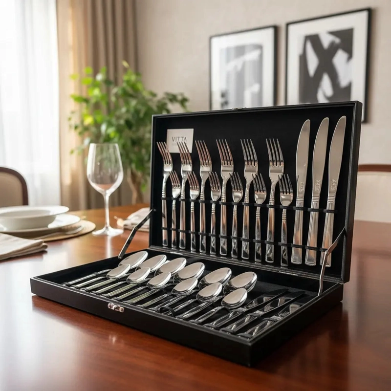 SET DE CUBIERTOS 30 PIEZAS ACERO INOXIDABLE PLATEADO CAJA MADERA VITTA - 1