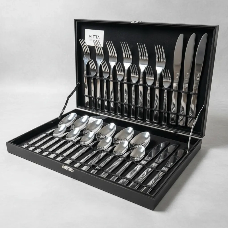 SET DE CUBIERTOS 30 PIEZAS ACERO INOXIDABLE PLATEADO CAJA MADERA VITTA - 5