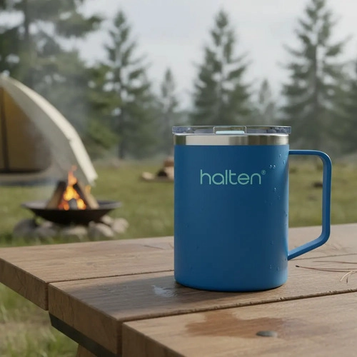 TERMO 450 ML ACERO INOXIDABLE CON TAPA A PRESION HALTEN FUNNY MUG AZUL INDIGO - 1