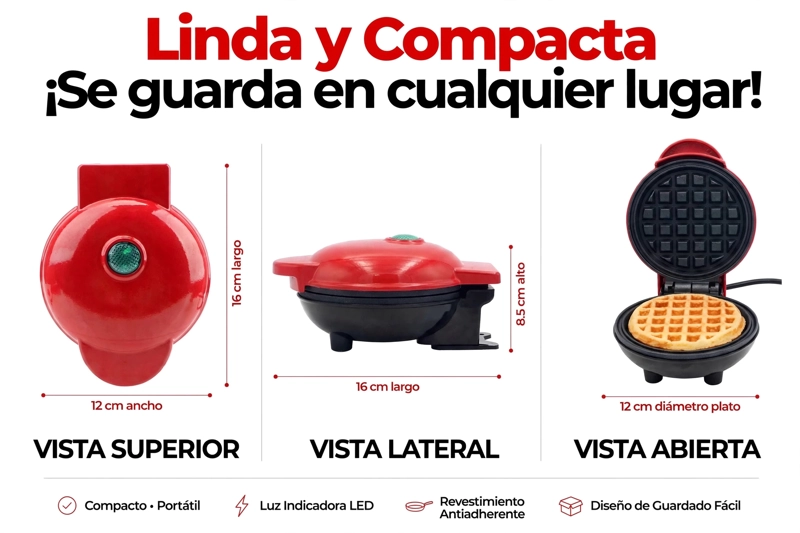 MINI MAQUINA WAFLERA ELE CTRICA 350W ANTIADHERENTE COLOR ROJO - 7