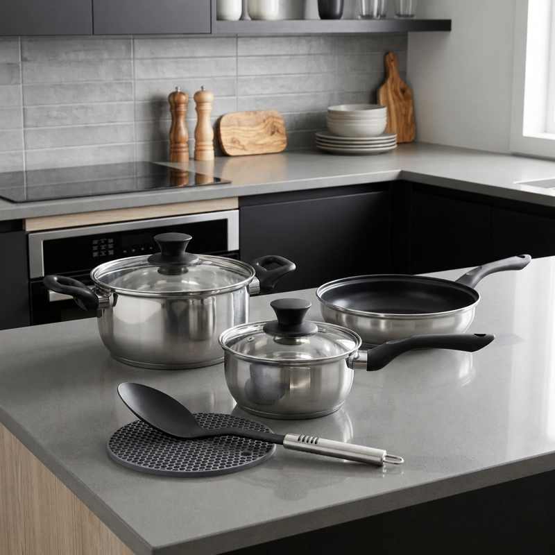 BATERIA DE COCINA CON ACCESORIOS 7 PIEZAS MODELO BALI MARCA MARMICOC COLOR CROMO - 1
