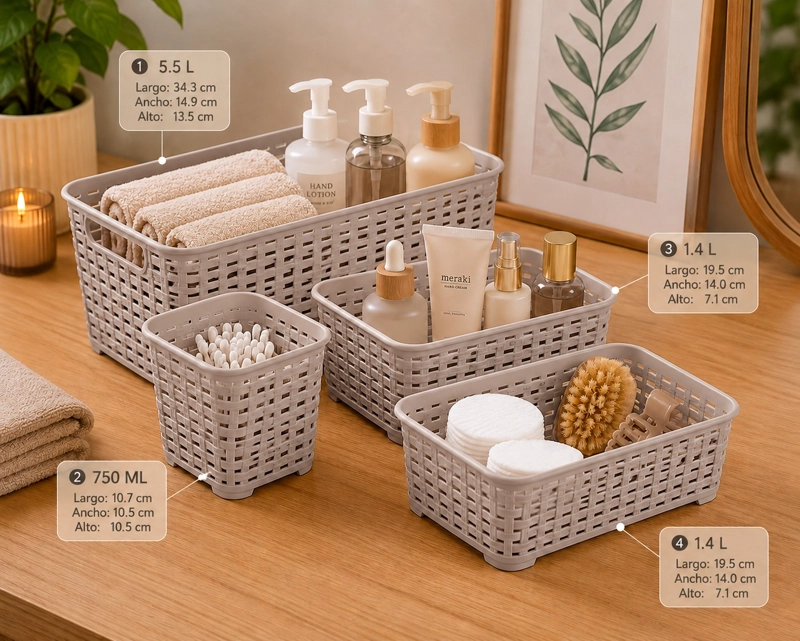 SET DE 4 CANASTILLAS CANASTAS ORGANIZADORAS COLOR TAUPE MARCA REYPLAST - 2