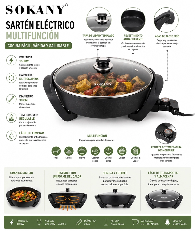 SARTE N ELE CTRICO MULTIFUNCIONAL ALUMINIO ANTIADHERENTE SOKANY 30CM 1500W 5 LITROS TAPA DE VIDRIO - 2