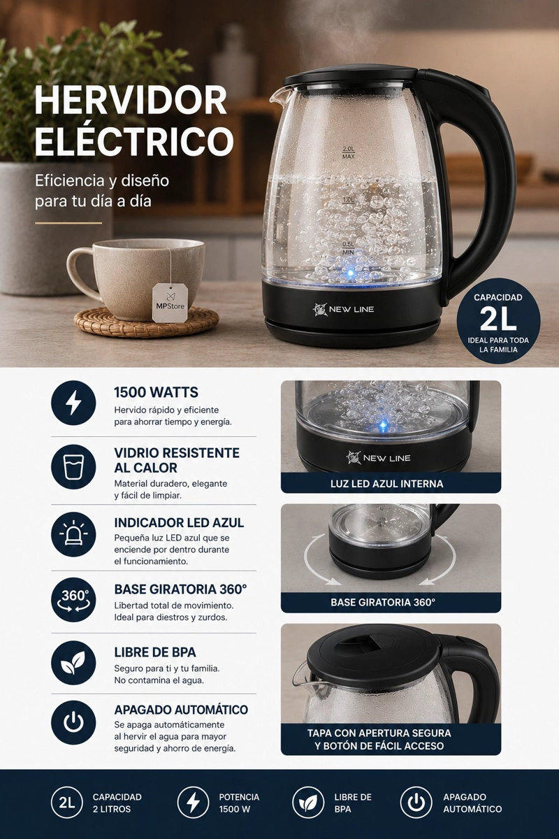 HERVIDOR ELECTRICO DE VIDRIO CAPACIDAD DE 2 LITROS 1500W NEW LINE COLOR NEGRO - 2
