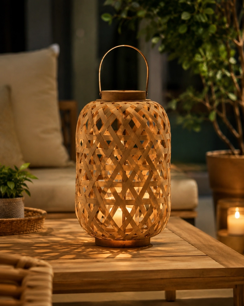 FAROL DECORATIVO CILINDRICO DE BAMBU CON ASA Y PORTA VELAS 25CM NATURAL - 1