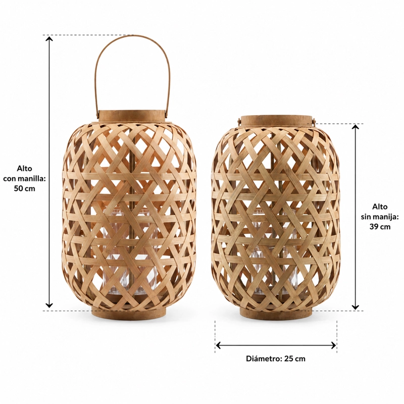 FAROL DECORATIVO CILINDRICO DE BAMBU CON ASA Y PORTA VELAS 25CM NATURAL - 10