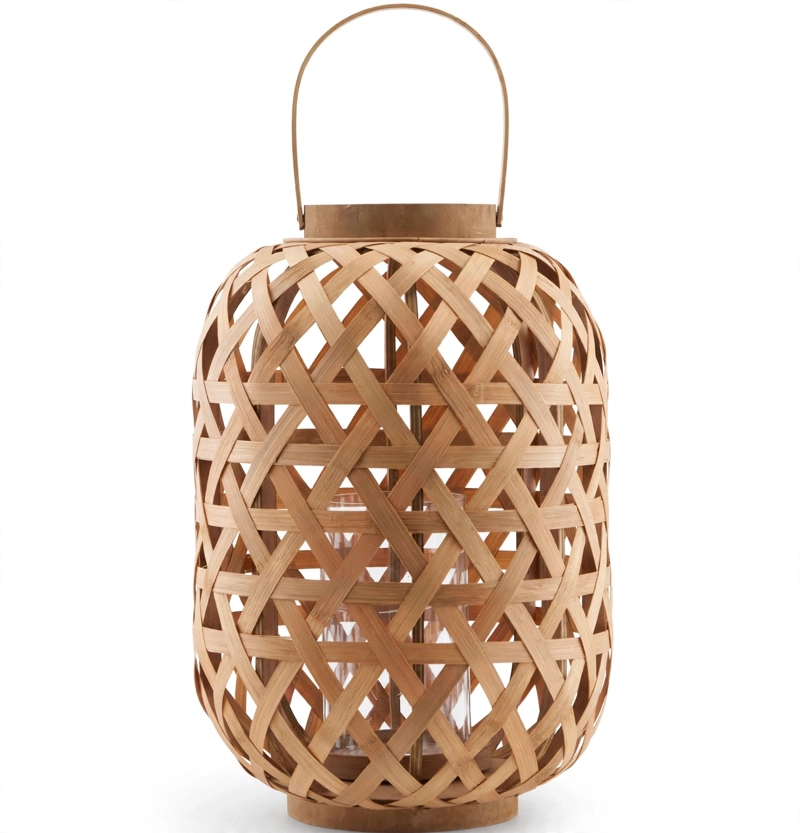FAROL DECORATIVO CILINDRICO DE BAMBU CON ASA Y PORTA VELAS 25CM NATURAL - 2