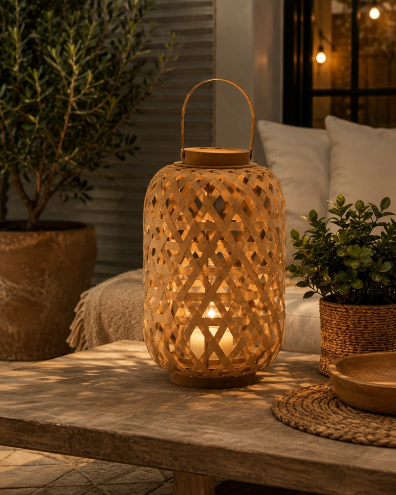 FAROL DECORATIVO CILINDRICO DE BAMBU CON ASA Y PORTA VELAS 25CM NATURAL - 3