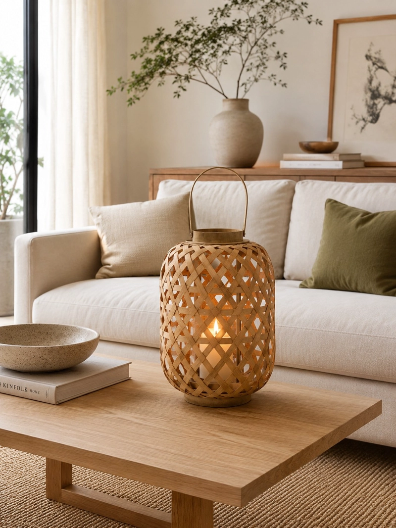 FAROL DECORATIVO CILINDRICO DE BAMBU CON ASA Y PORTA VELAS 25CM NATURAL - 4