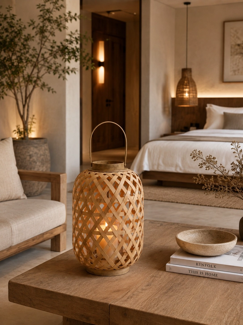 FAROL DECORATIVO CILINDRICO DE BAMBU CON ASA Y PORTA VELAS 25CM NATURAL - 6