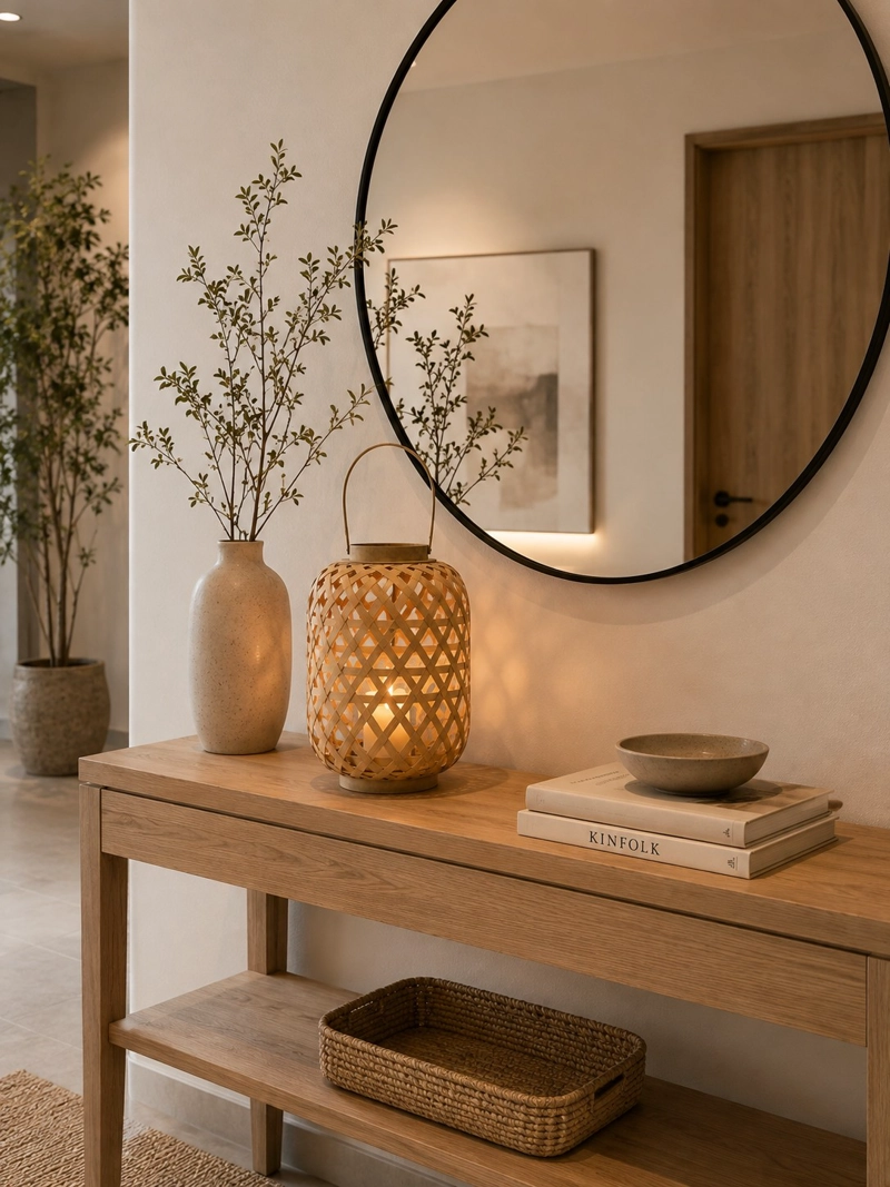 FAROL DECORATIVO CILINDRICO DE BAMBU CON ASA Y PORTA VELAS 25CM NATURAL - 7