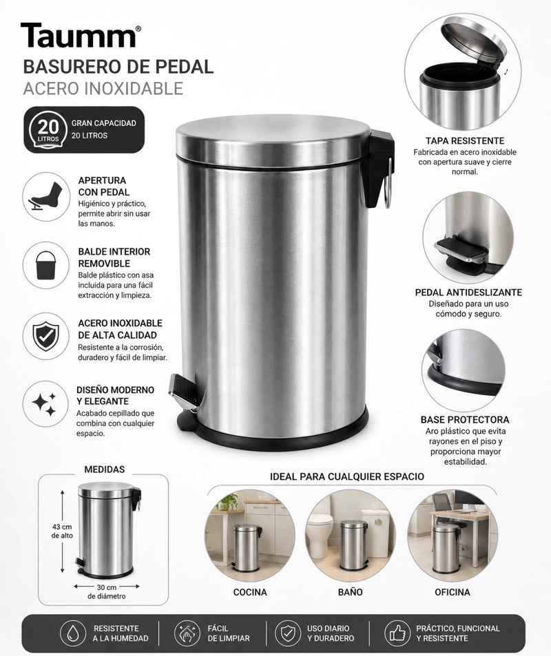 BASURERO PEDAL ACERO INOXIDABLE 20 LITROS TAUMM CROMO - 2