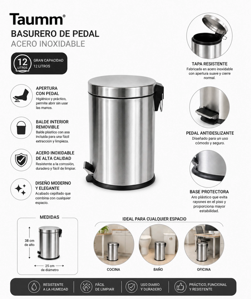 BASURERO PEDAL ACERO INOXIDABLE 12 LITROS TAUMM COLOR CROMO - 2