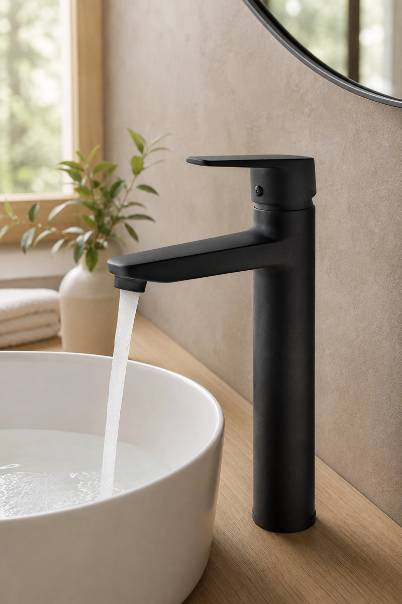 MONOMANDO LLAVE GRIFO ALTO PARA LAVATORIO MODELO NOTTE MARCA TAUMM COLOR NEGRO - 3