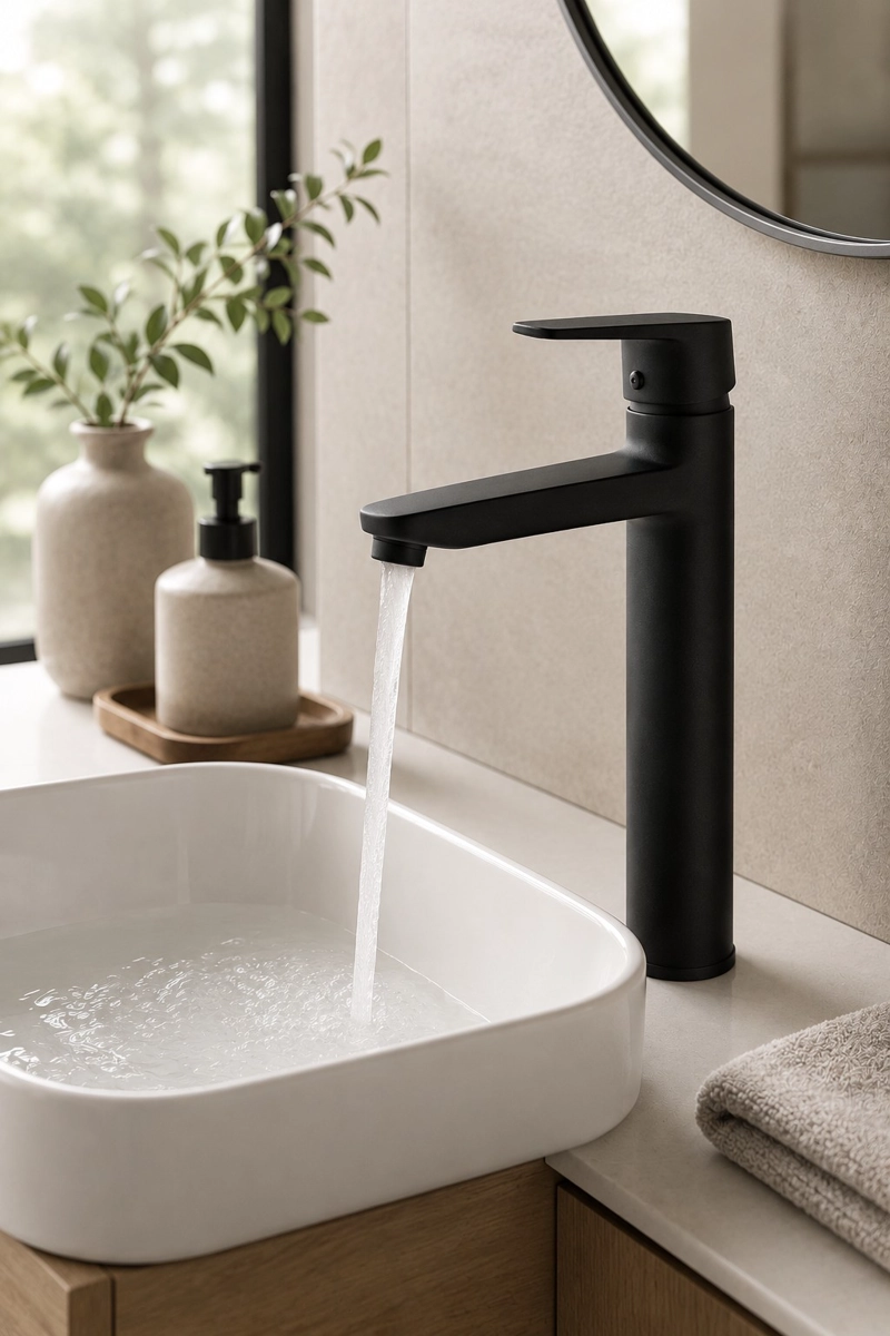 MONOMANDO LLAVE GRIFO ALTO PARA LAVATORIO MODELO NOTTE MARCA TAUMM COLOR NEGRO - 5