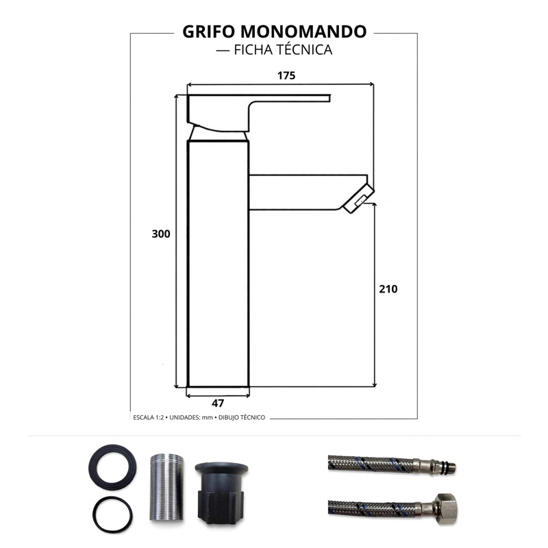 MONOMANDO LLAVE GRIFO ALTO PARA LAVATORIO MODELO NOTTE MARCA TAUMM COLOR NEGRO - 6