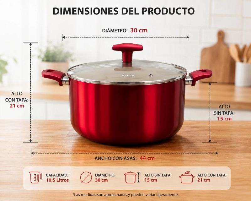 OLLA CACEROLA ANTIADHERENTE DE ALUMINIO 30 CM 10,5 LTS CON TAPA MODELO ROSSO MARCA VITTA - 8