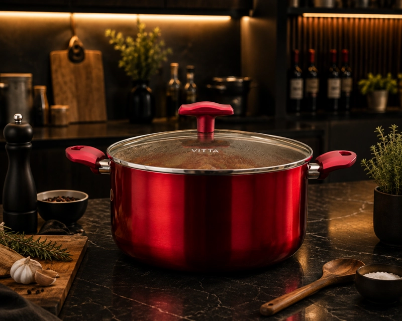 OLLA CACEROLA ANTIADHERENTE DE ALUMINIO 30 CM 10,5 LTS CON TAPA MODELO ROSSO MARCA VITTA - 9