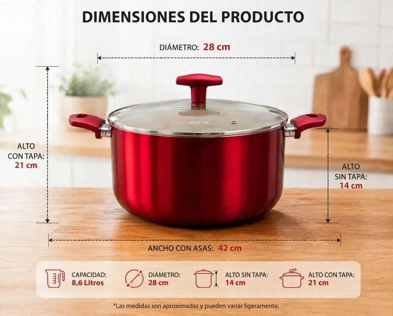 OLLA CACEROLA ANTIADHERENTE DE ALUMINIO 28 CM 8,6 LTS CON TAPA MODELO ROSSO MARCA VITTA - 8
