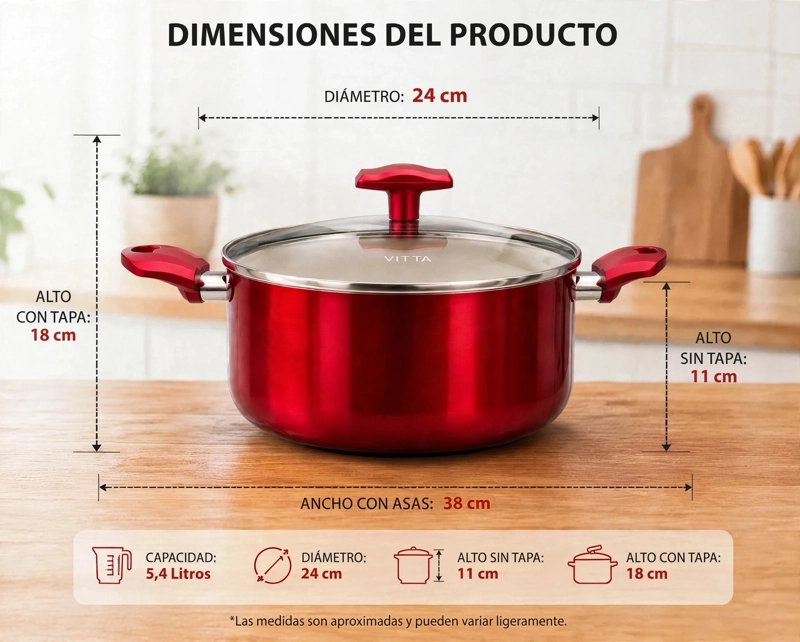 OLLA CACEROLA ANTIADHERENTE DE ALUMINIO 24 CM 5,4 LTS CON TAPA MODELO ROSSO MARCA VITTA - 8