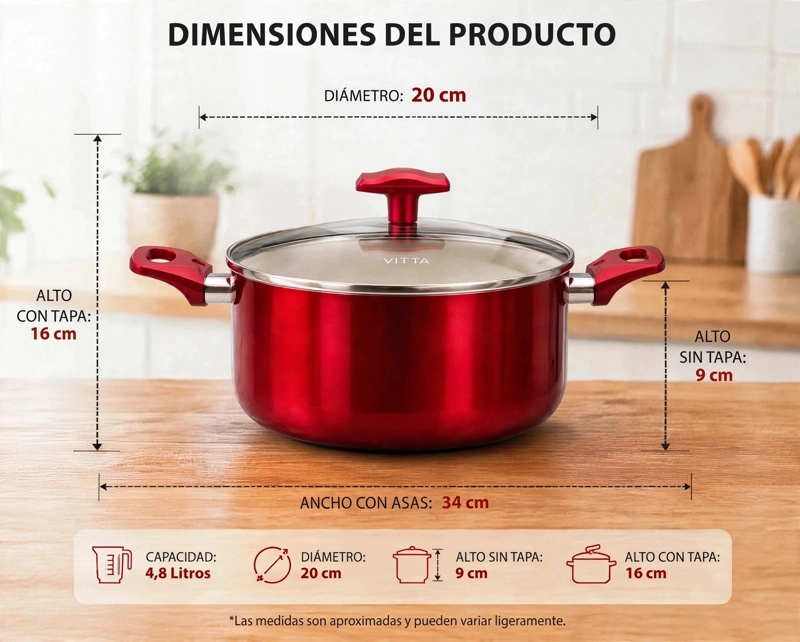 OLLA CACEROLA ANTIADHERENTE DE ALUMINIO 20 CM 4,8 LTS CON TAPA MODELO ROSSO MARCA VITTA - 8
