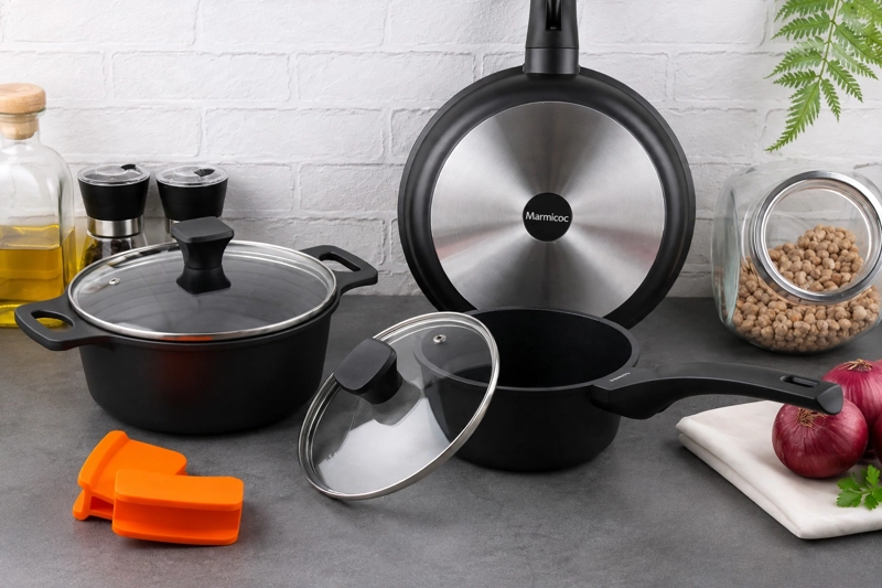 BATERIA DE COCINA JUEGO DE OLLAS 5 PIEZAS ALUMINIO FORJADO MODELO THERMA ORANGE MARCA MARMICOC - 1