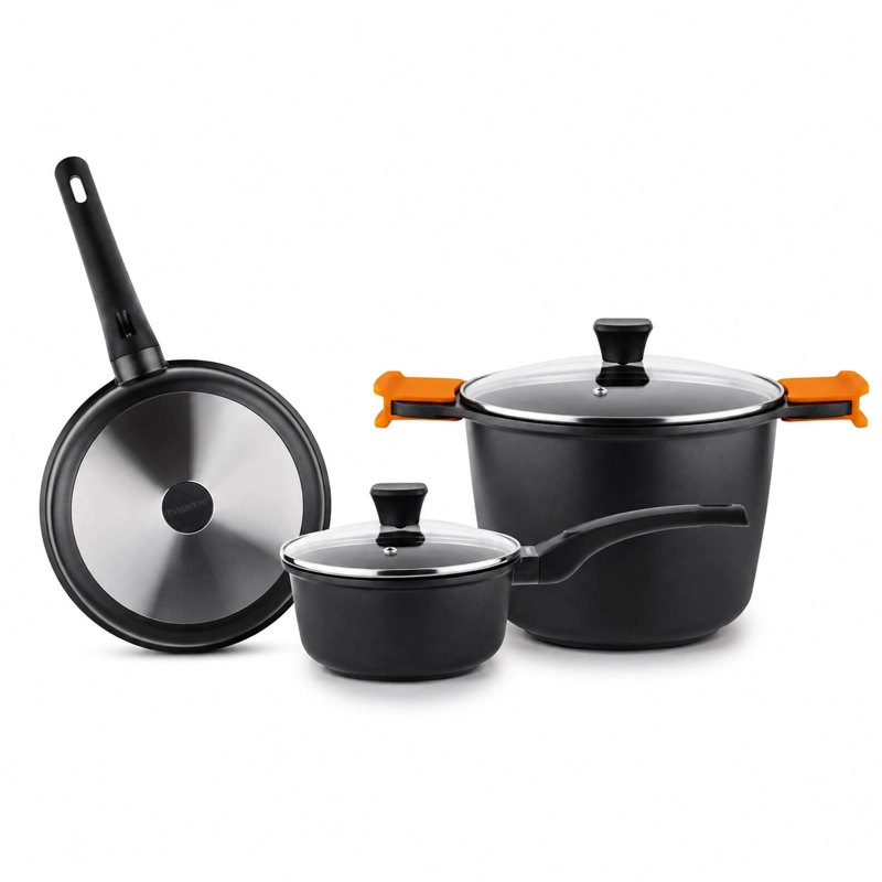 BATERIA DE COCINA JUEGO DE OLLAS 5 PIEZAS ALUMINIO FORJADO MODELO THERMA ORANGE MARCA MARMICOC - 2
