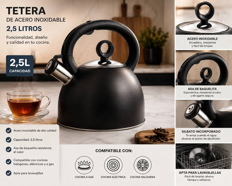 TETERA 2,5 LITROS ACERO INOX MODELO DARK MARCA VITTA COLOR NEGRO - 2