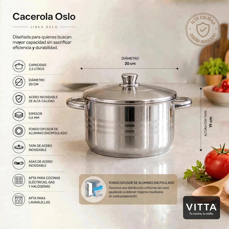 CACEROLA ACERO INOXIDABLE 20 CM 3,3 LITROS 0.6 MM MODELO OSLO MARCA VITTA COLOR CROMO - 3