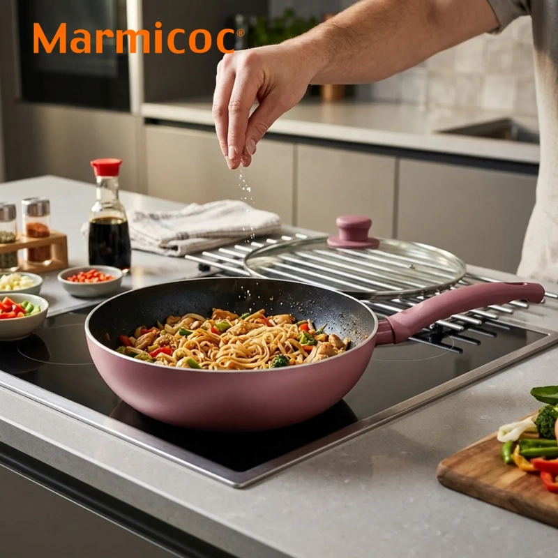 WOK ANTIADHERENTE CON TAPA 28 CM 3,5 LITROS MODELO SPRING MARMA MARMICOC COLOR GRANATE - 1