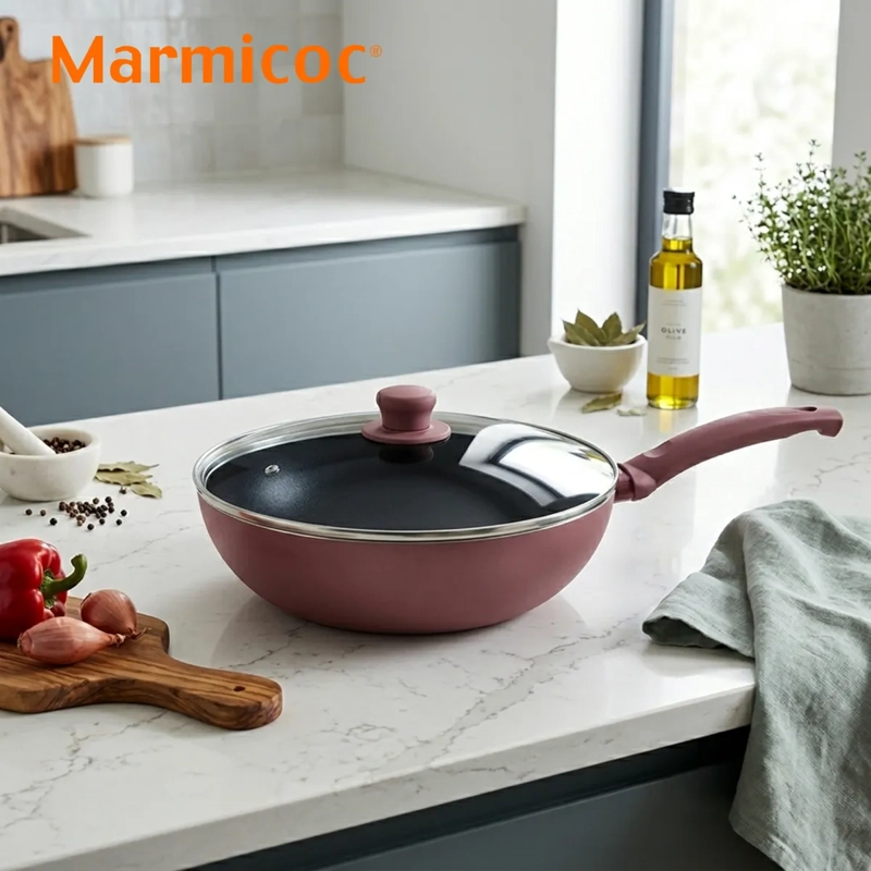 WOK ANTIADHERENTE CON TAPA 28 CM 3,5 LITROS MODELO SPRING MARMA MARMICOC COLOR GRANATE - 3