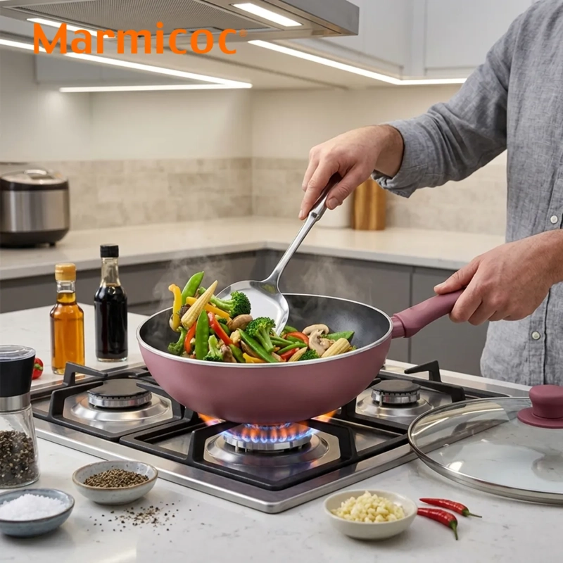 WOK ANTIADHERENTE CON TAPA 28 CM 3,5 LITROS MODELO SPRING MARMA MARMICOC COLOR GRANATE - 5