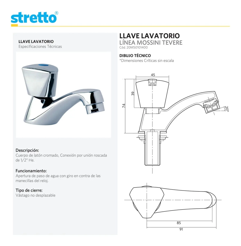 LLAVE GRIFO PARA LAVATORIO MODELO MOSSINI TEVERE MARCA STRETTO - 3