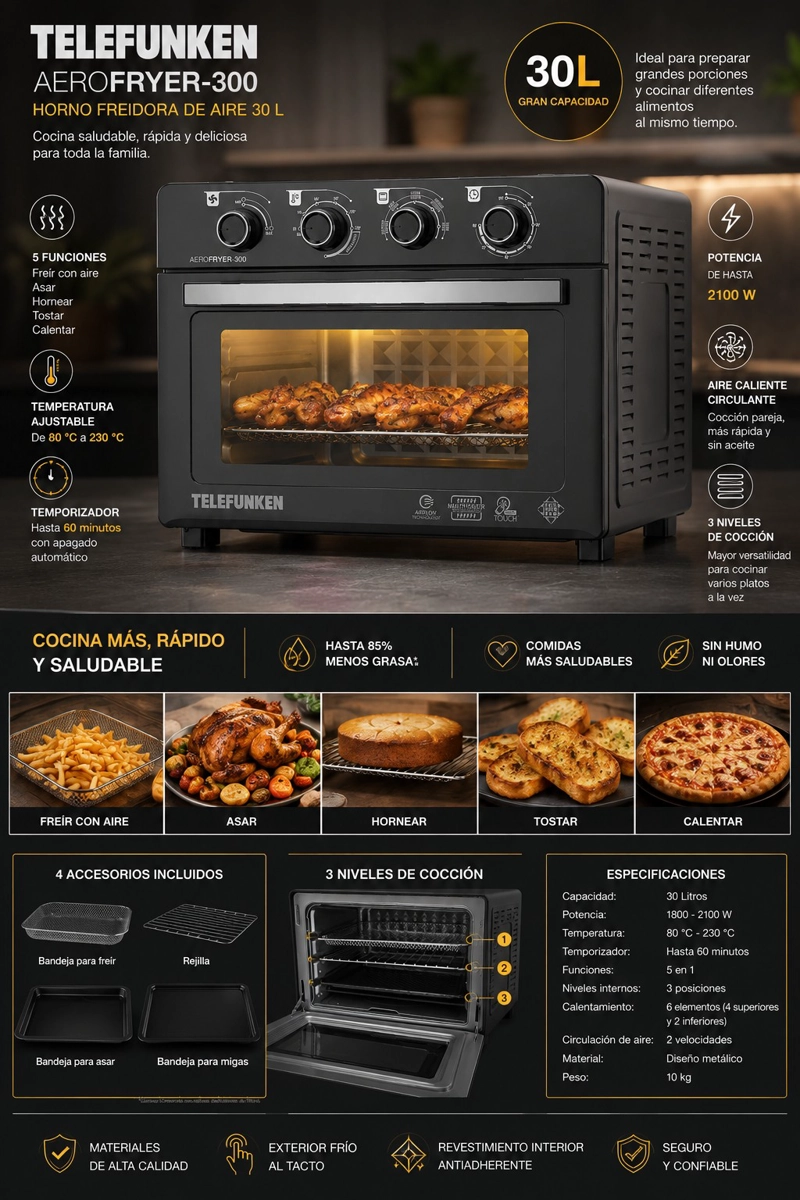HORNO FREIDORA DE AIRE TELEFUNKEN AEROFRYER 300 30L 2100W - 3