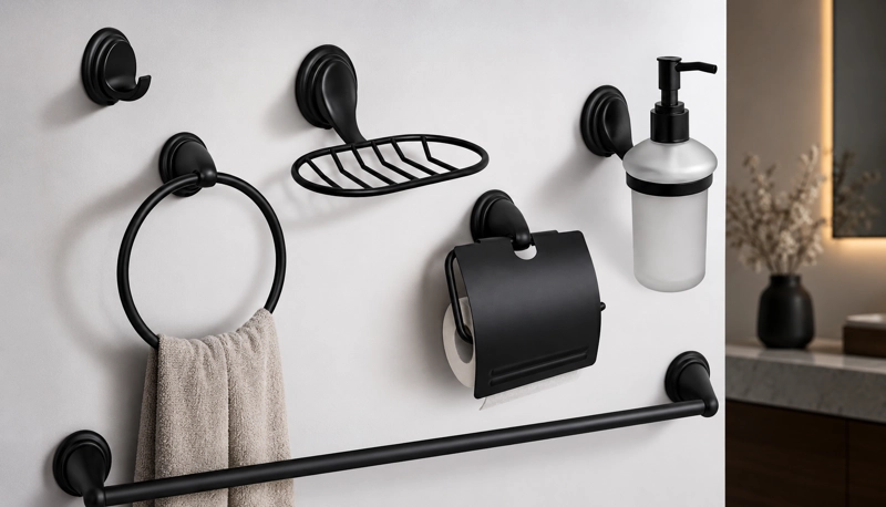 KIT ACCESORIOS DE BAÑO 6 PIEZAS MODELO NOTTE MARCA TAUMM COLOR NEGRO - 1