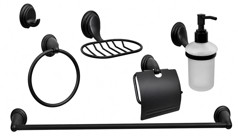 KIT ACCESORIOS DE BAÑO 6 PIEZAS MODELO NOTTE MARCA TAUMM COLOR NEGRO - 2