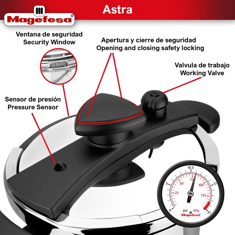 OLLA A PRESION ACERO INOXIDABLE 6 LITROS MODELO ASTRA MARCA MAGEFESA COLOR CROMO - 3