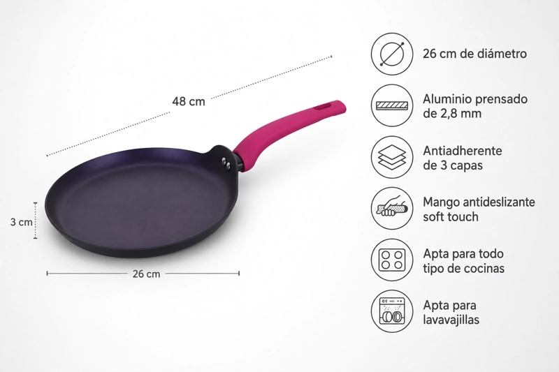 PANQUEQUERA CREPERA BUDARE ANTIADHERENTE ESPESOR DE 2,8 MM DIAMETRO 26CM MODELO CHERRY MARCA VITTA - 8