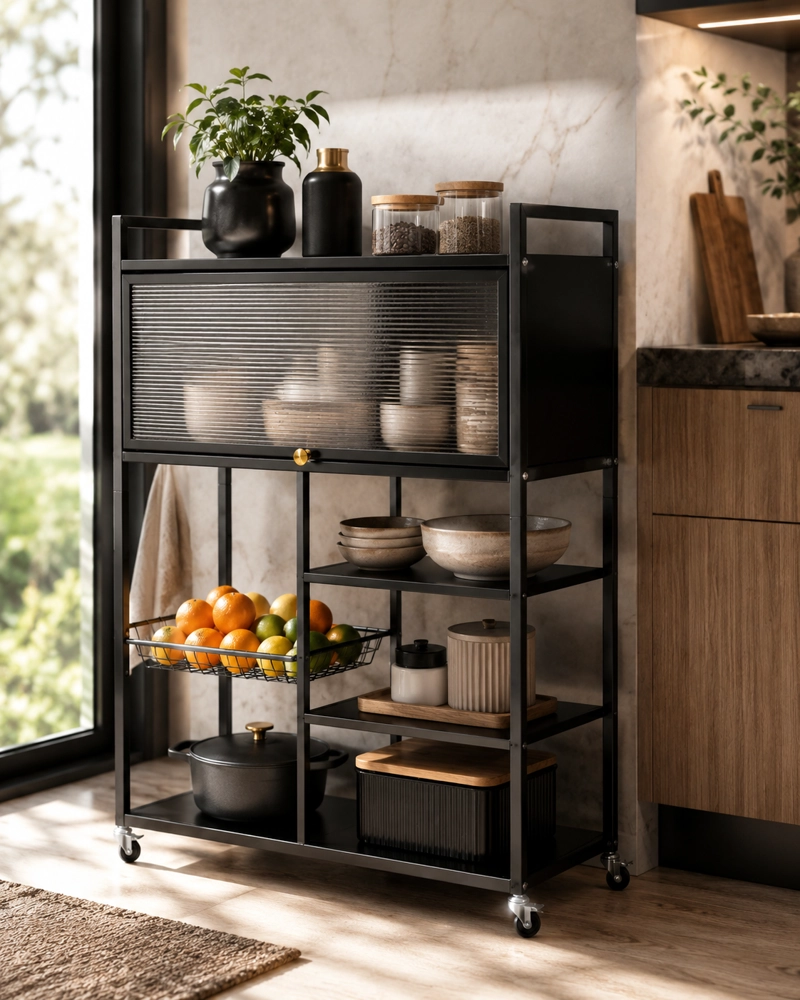 ESTANTE ORGANIZADOR MULTIUSO DE COCINA CON GABINETE Y RUEDAS COLOR NEGRO - 1