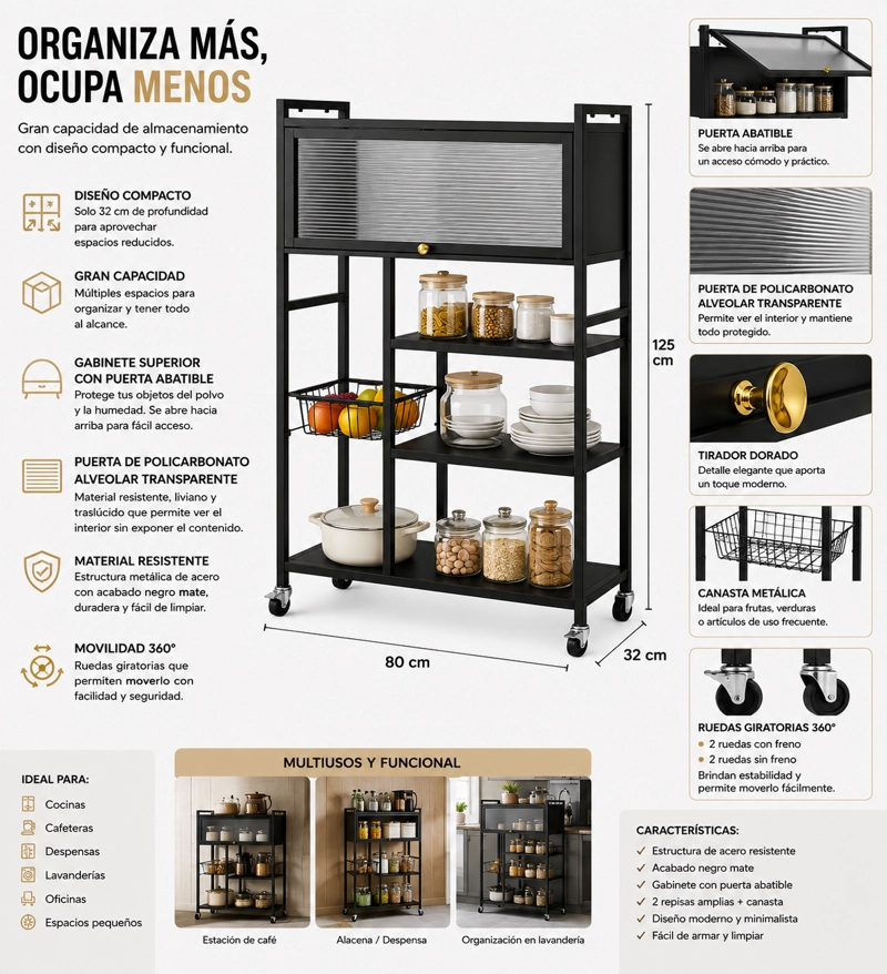 ESTANTE ORGANIZADOR MULTIUSO DE COCINA CON GABINETE Y RUEDAS COLOR NEGRO - 10