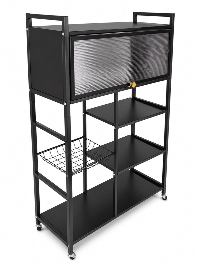 ESTANTE ORGANIZADOR MULTIUSO DE COCINA CON GABINETE Y RUEDAS COLOR NEGRO - 11