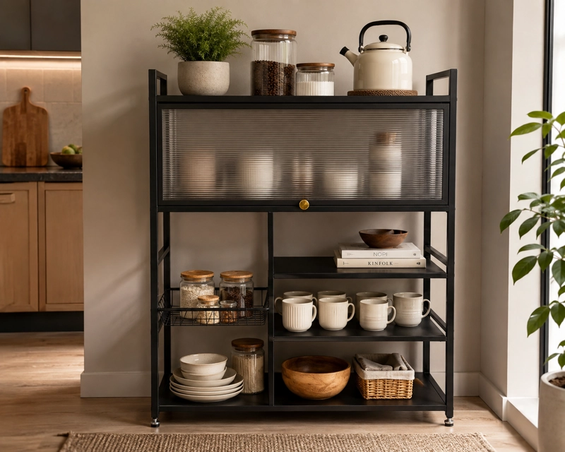 ESTANTE ORGANIZADOR MULTIUSO DE COCINA CON GABINETE Y RUEDAS COLOR NEGRO - 12