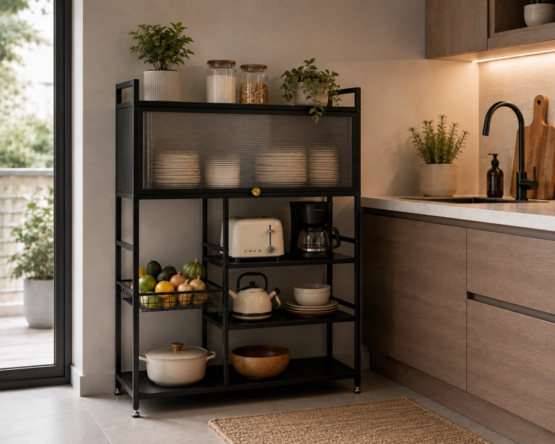 ESTANTE ORGANIZADOR MULTIUSO DE COCINA CON GABINETE Y RUEDAS COLOR NEGRO - 13