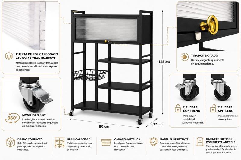 ESTANTE ORGANIZADOR MULTIUSO DE COCINA CON GABINETE Y RUEDAS COLOR NEGRO - 3