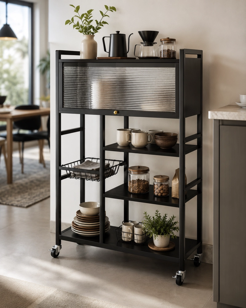 ESTANTE ORGANIZADOR MULTIUSO DE COCINA CON GABINETE Y RUEDAS COLOR NEGRO - 4